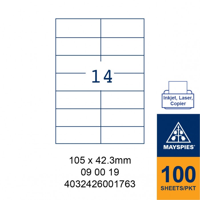 MAYSPIES 09 00 19 LABEL FOR INKJET / LASER / COPIER 100 SHEETS/PKT WHITE  105X42.3MM